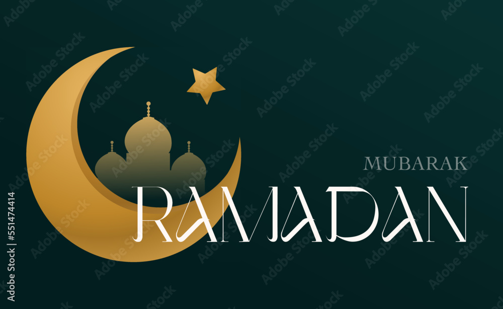 Crescent Islamic with mosque for Ramadan Kareem and eid mubarak. Golden Half Moon on a dark green background. Vector illustration