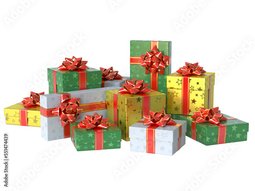 Gift boxes of various shapes and sizes, many presents 3d rendering