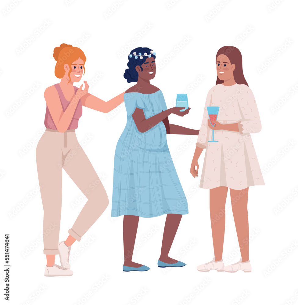 Women celebrating motherhood semi flat color vector characters. Editable figures. Full body people on white. Baby shower event simple cartoon style illustration for web graphic design and animation