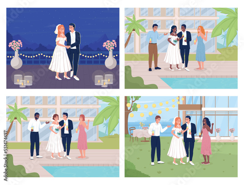 Celebrating all-inclusive wedding at resort flat color vector illustration set. Happy newlyweds. Fully editable 2D simple cartoon characters collection with hotel exterior, night sky on background