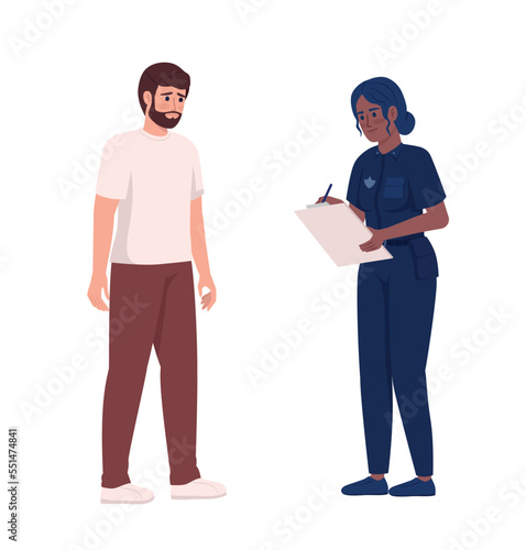 Sad man complaining to female police officer semi flat color vector characters. Editable figures. Full body people on white. Simple cartoon style illustration for web graphic design and animation