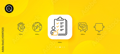 Electricity, Puzzle and Coronavirus pills minimal line icons. Yellow abstract background. Checklist, Medical drugs icons. For web, application, printing. Electric energy, Puzzle piece, Vaccine. Vector