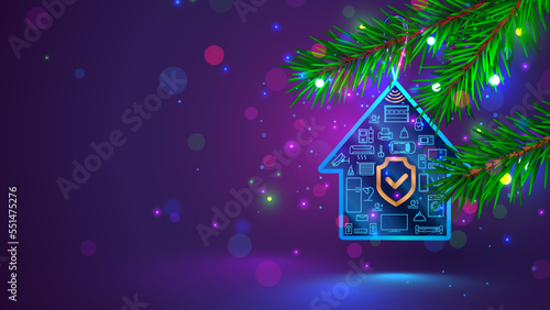 Smart home in shape christmas tree decoration with icons domestic electronic smart devices. Online sale of IOT and Smart Home system in christmas and new year. Safety of household in holiday.