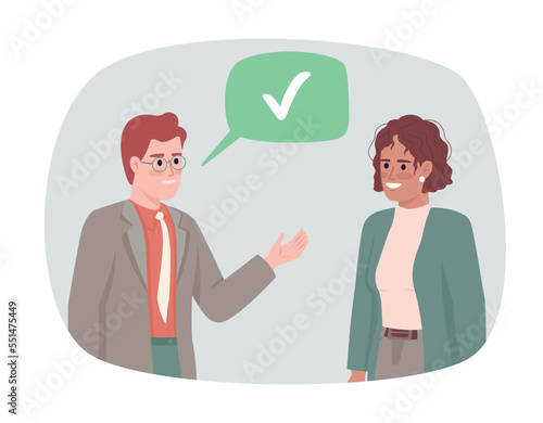 Boss accepting employee proposal 2D vector isolated illustration. Success in career growth flat characters on cartoon background. Colorful editable scene for mobile, website, presentation