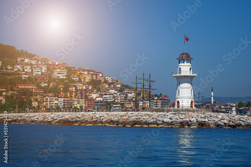 Landscape of lighthouse in port Alanya, Turkey. Copy space.