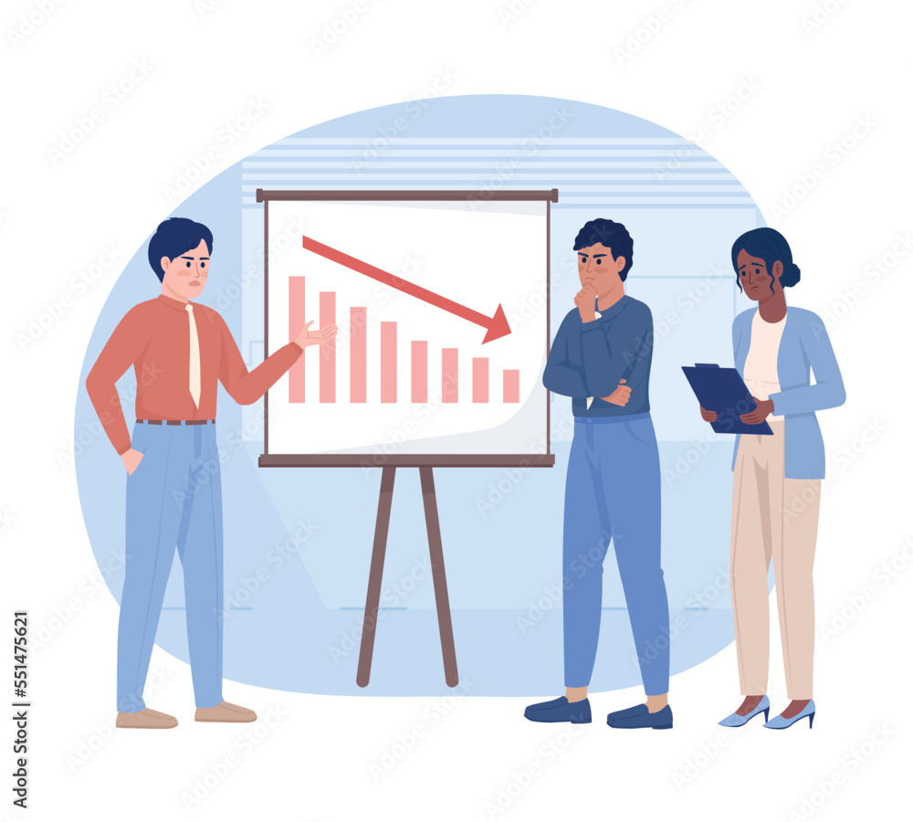 Fototapeta premium Company bankruptcy 2D vector isolated illustration. Crisis management team. Business meeting flat characters on cartoon background. Colorful editable scene for mobile, website, presentation