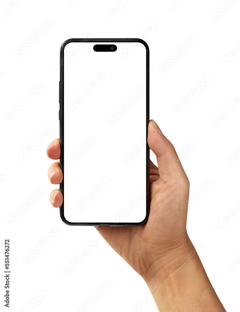 Hand holding smartphone with blank screen and modern frame less design isolated on white Hand holding smartphone with blank screen and modern frame less design isolated on white