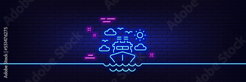 Neon light glow effect. Ship travel line icon. Trip transport sign. Holidays cruise symbol. 3d line neon glow icon. Brick wall banner. Ship travel outline. Vector
