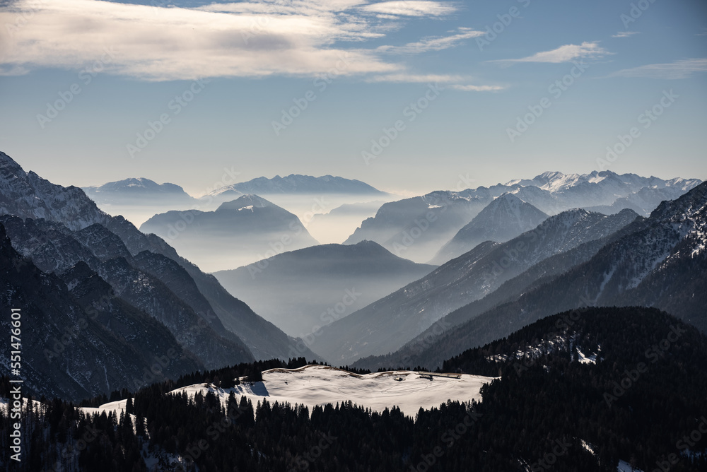 Pinzolo in winter sunny day. Dolomites Val Rendena Italian alps, Trentino Italy.