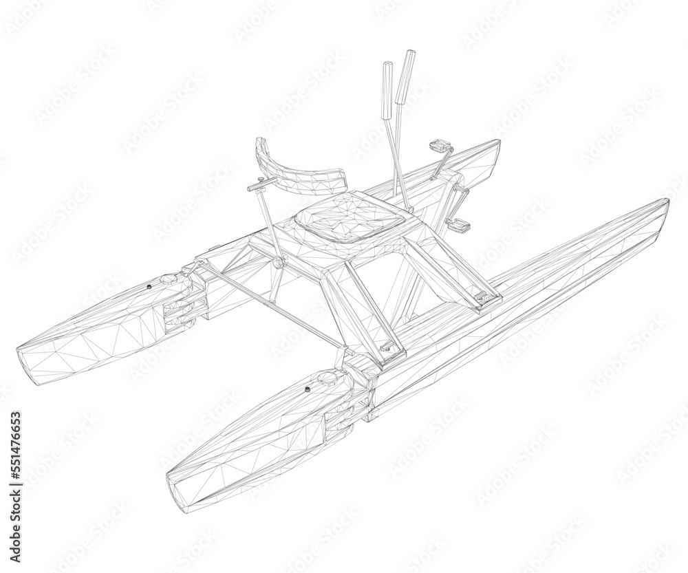 Wireframe of a catamoran with pedals from black lines isolated on a white background. Isometric view. 3D. Vector illustration.