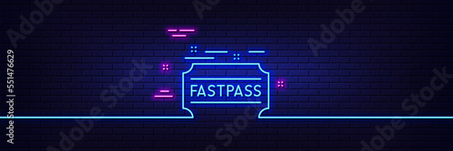 Neon light glow effect. Fastpass line icon. Amusement park ticket sign. Fast track symbol. 3d line neon glow icon. Brick wall banner. Fastpass outline. Vector