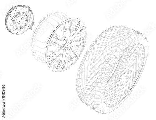 The contour of a car wheel disassembled into a tire, disc and brake disc from black lines isolated on a white background. Isometric view. 3D. vector illustration.