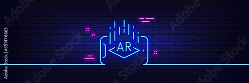Neon light glow effect. Augmented reality phone line icon. VR simulation sign. 3d view symbol. 3d line neon glow icon. Brick wall banner. Augmented reality outline. Vector
