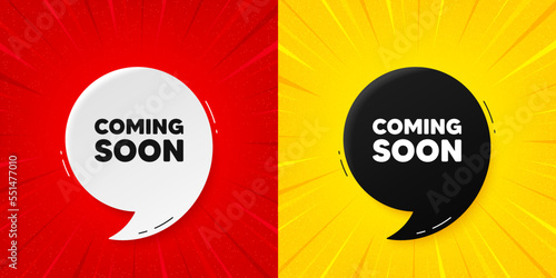 Coming soon tag. Flash offer banner with quote. Promotion banner sign. New product release symbol. Starburst beam banner. Coming soon speech bubble. Vector