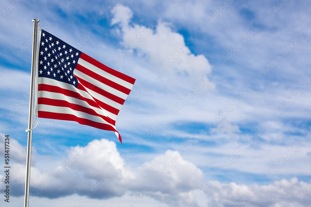 USA Flag Waving on a High Quality Blue Cloudy Sky. 3d Rendering