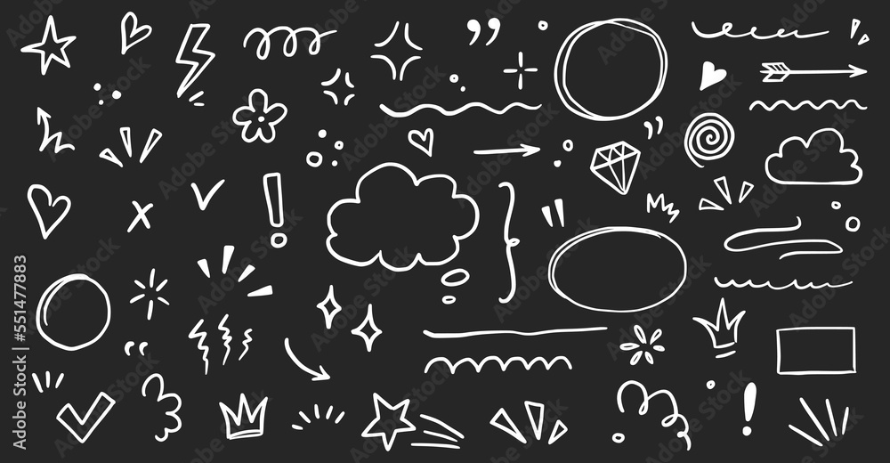 Sketch underline, emphasis, arrow shape set chalkboard. Hand drawn brush stroke, highlight, speech bubble, underline, sparkle element. Vector illustration. Sketch underline, emphasis, arrow shape set chalkboard. Hand drawn brush stroke, highlight, speech bubble, underline, sparkle element. Vector illustration.