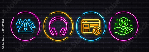5g internet, Warning and Headphones minimal line icons. Neon laser 3d lights. Loan percent icons. For web, application, printing. Wifi quality, Important message, Music listening device. Vector