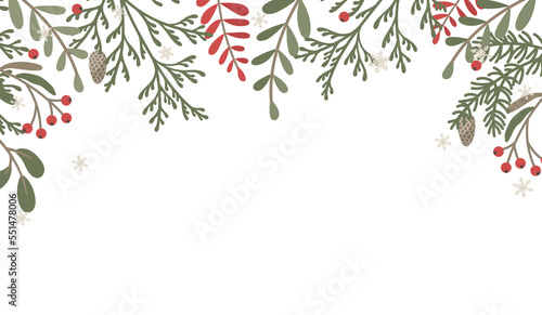 Christmas border with Christmas tree branches, winter plants, berries and snowflakes