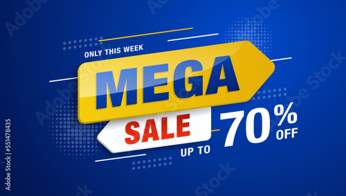 Mega sale banner promotion template with 3D megaphone on blue background. Special deal label design