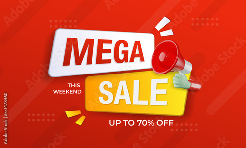 Mega sale banner promotion template with 3D megaphone on red background. Special deal label design