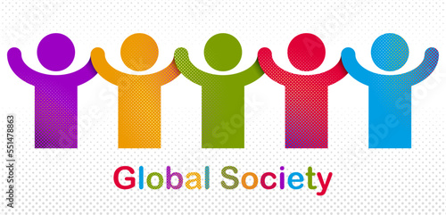 Worldwide people global society concept, different races solidarity, we stand as one, togetherness and friendship allegory, world unity cooperation, vector illustration logo or icon.