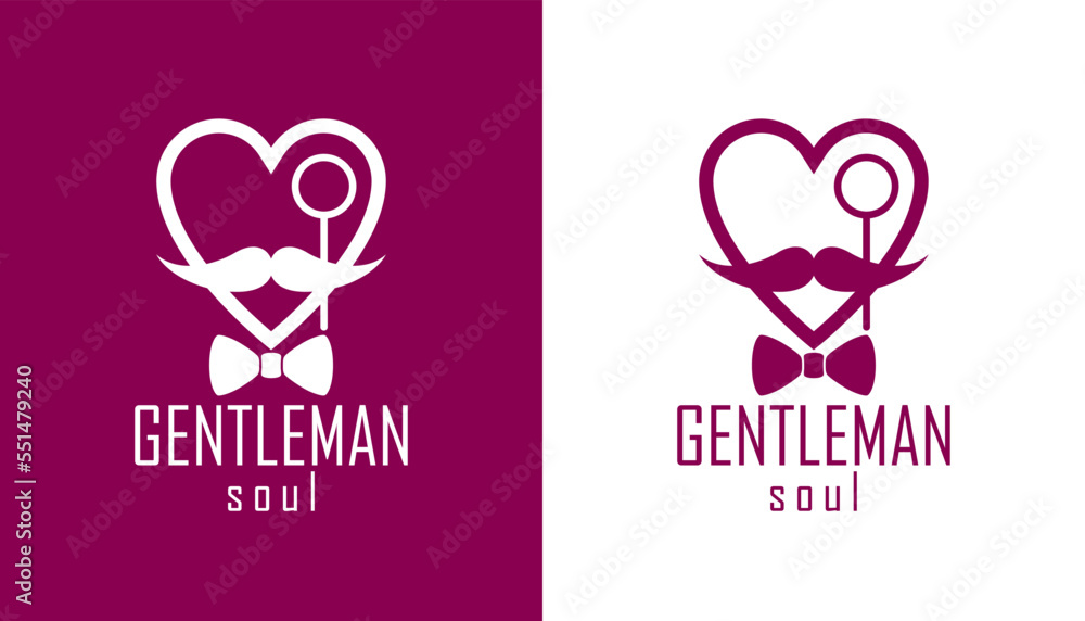 Gentleman heart vector icon or logo, heart shape with tie mustache and glasses symbol, man club, male hipster style and fashion.