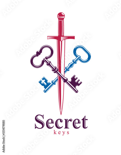 Crossed keys and dagger vector symbol emblem  turnkeys and sword  protected secrets  secured power  ancient vintage logo or emblem.