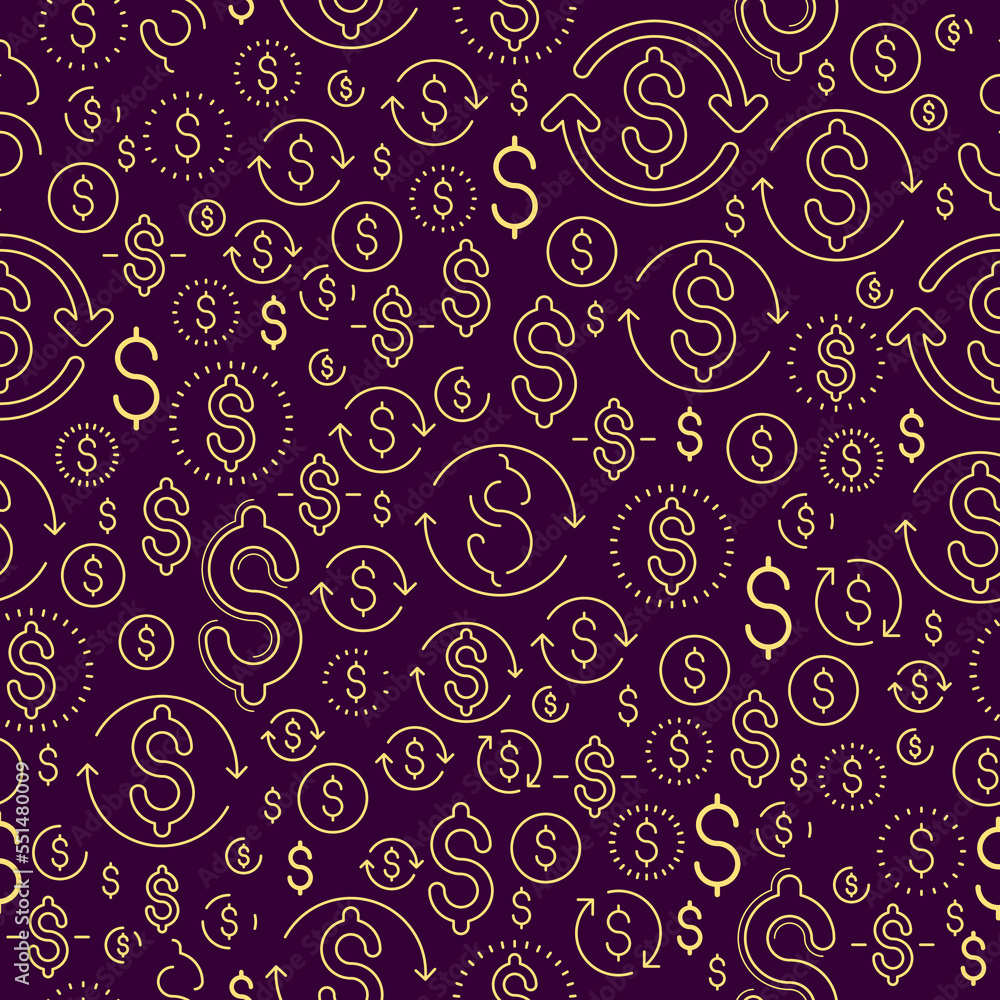 Financial icon set seamless background, backdrop for financial website or economical theme ads and information, dollar currency money signs, vector wallpaper or web site background. Financial icon set seamless background, backdrop for financial website or economical theme ads and information, dollar currency money signs, vector wallpaper or web site background.