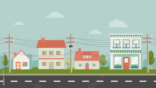 City street and store buildings with Power pole vector illustration. Urban and town landscape. Cute House in country with nature landscape