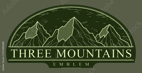 Mountain peaks line art vector emblem on dark, linear illustration of mountains range wild nature landscape, outdoor hiking camping ant travel logo.