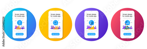 Minimal set of Search love, Businesswoman person and Budget profit line icons. Phone, cellphone ui interface mockup. Friends chat icons. For web development. Vector