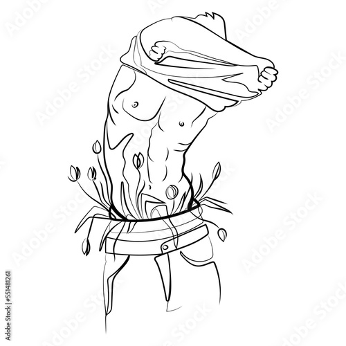 Handsome young man with flowers in underwear takes off his shirt Line art drawing vector illustration.Sexy guy minimalist design.Continuous line male figure naked strong muscular,fashion print