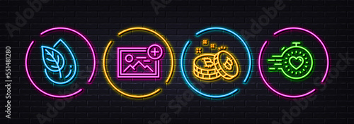 Add photo, Organic product and Bitcoin minimal line icons. Neon laser 3d lights. Timer icons. For web, application, printing. Image, Leaf, Cryptocurrency coin. Deadline management. Vector