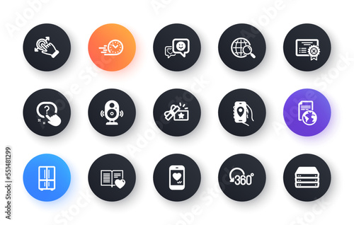 Minimal set of Location app, Touchscreen gesture and Refrigerator flat icons for web development. Full rotation, Reject certificate, Fast delivery icons. Web search, Question button. Vector