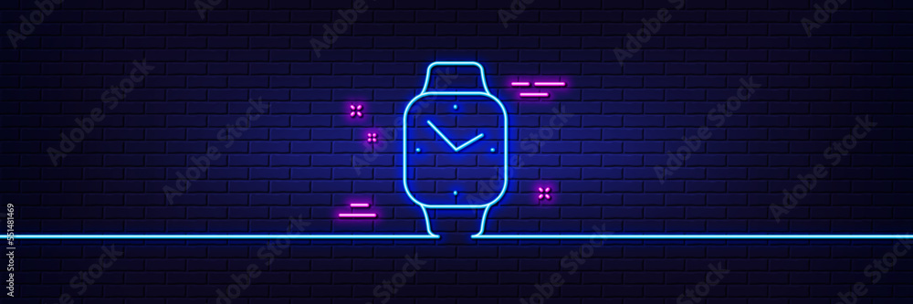 Neon light glow effect. Digital time line icon. Clock sign. Smartwatch symbol. 3d line neon glow icon. Brick wall banner. Smartwatch outline. Vector Neon light glow effect. Digital time line icon. Clock sign. Smartwatch symbol. 3d line neon glow icon. Brick wall banner. Smartwatch outline. Vector