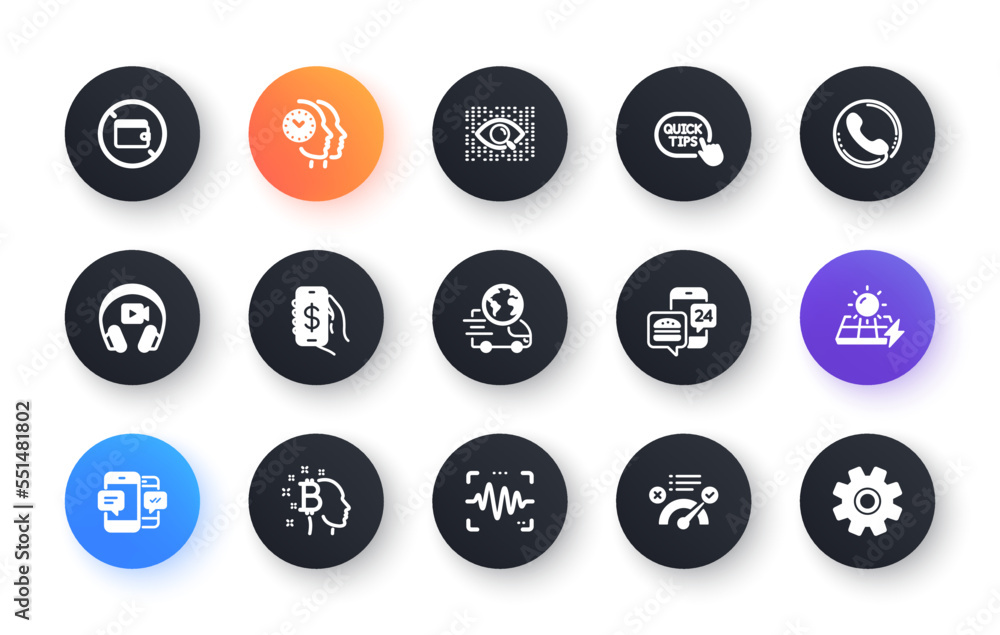 Minimal set of Time management, Quick tips and Delivery service flat icons for web development. Money app, Wallet, Headphones icons. Solar panels, Correct answer. Circle buttons with icon. Vector Minimal set of Time management, Quick tips and Delivery service flat icons for web development. Money app, Wallet, Headphones icons. Solar panels, Correct answer. Circle buttons with icon. Vector