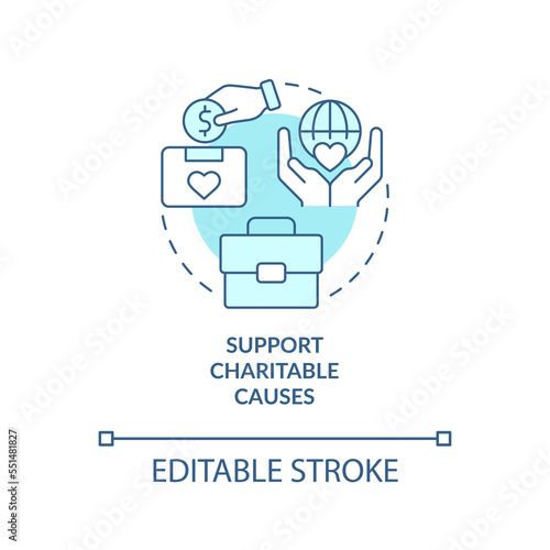 Support charitable causes turquoise concept icon. Environmental business abstract idea thin line illustration. Isolated outline drawing. Editable stroke. Arial, Myriad Pro-Bold fonts used