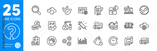 Outline icons set. Question mark, Audit and Time management icons. Fake news, Search, Organic product web elements. Online chemistry, Time change, Feather signature signs. Internet book. Vector