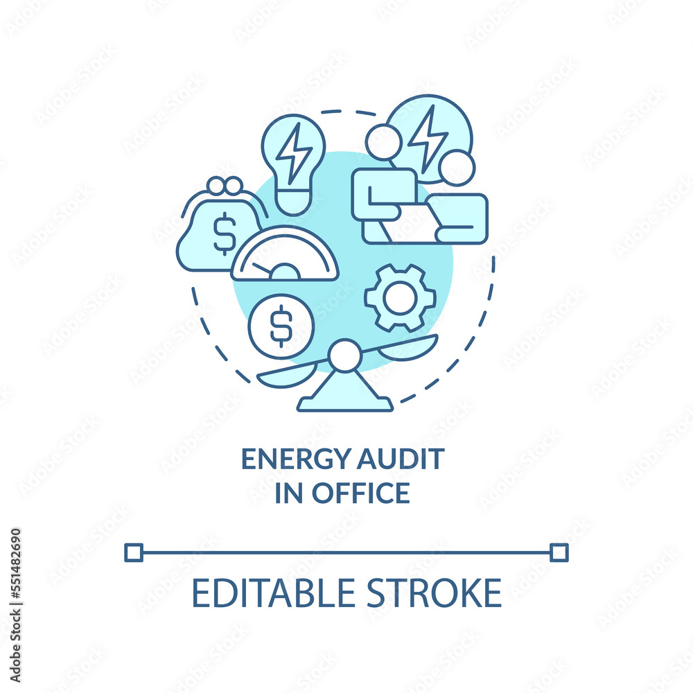 Energy audit in office turquoise concept icon. Reduce power consumption abstract idea thin line illustration. Isolated outline drawing. Editable stroke. Arial, Myriad Pro-Bold fonts used Energy audit in office turquoise concept icon. Reduce power consumption abstract idea thin line illustration. Isolated outline drawing. Editable stroke. Arial, Myriad Pro-Bold fonts used