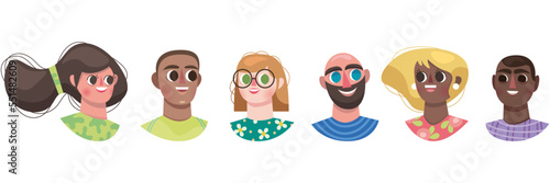 Illustration de visage d'avatars, groupe de jeunes adultes, grand sourire, diversité et amitié, personnages de dessin animé, joyeux et coloré