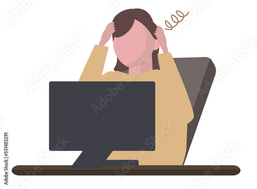 パソコンの前で頭を抱えてショックを受ける女性。困惑、悩む、わからない。ベクターイラスト