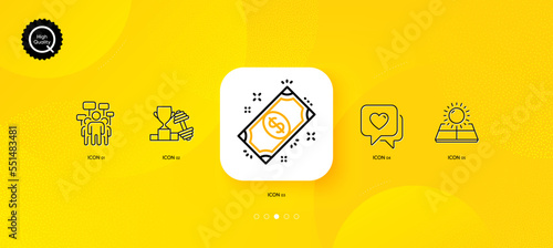 Dumbbell, Voting campaign and Payment minimal line icons. Yellow abstract background. Heart, Sun energy icons. For web, application, printing. Winner cup, People rally, Finance. Love chat. Vector