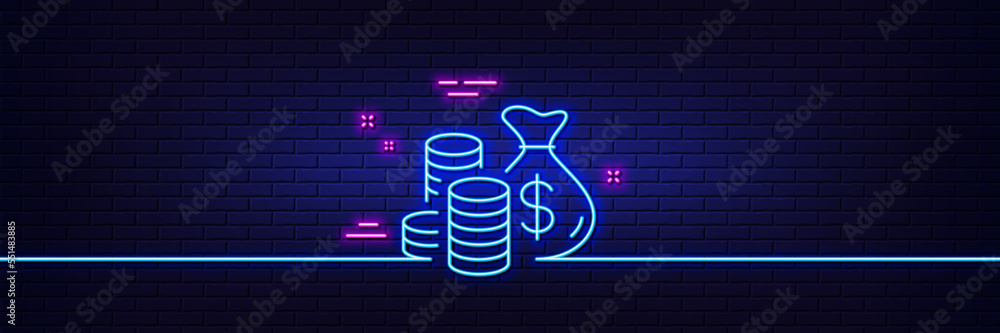 Neon light glow effect. Coins bag line icon. Cash money sign. Income savings symbol. 3d line neon glow icon. Brick wall banner. Coins bag outline. Vector Neon light glow effect. Coins bag line icon. Cash money sign. Income savings symbol. 3d line neon glow icon. Brick wall banner. Coins bag outline. Vector