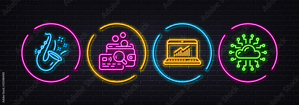 Jazz, Inspect and Online statistics minimal line icons. Neon laser 3d lights. Cloud network icons. For web, application, printing. Saxophone, Money budget, Computer data. Online storage. Vector