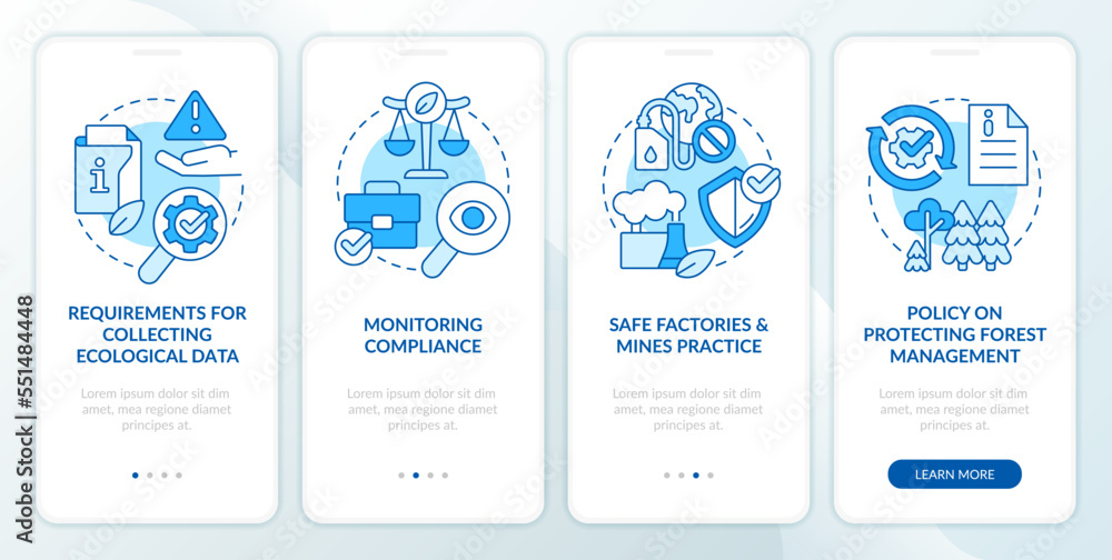 Environmental law regulation blue onboarding mobile app screen. Walkthrough 4 steps editable graphic instructions with linear concepts. UI, UX, GUI template. Myriad Pro-Bold, Regular fonts used