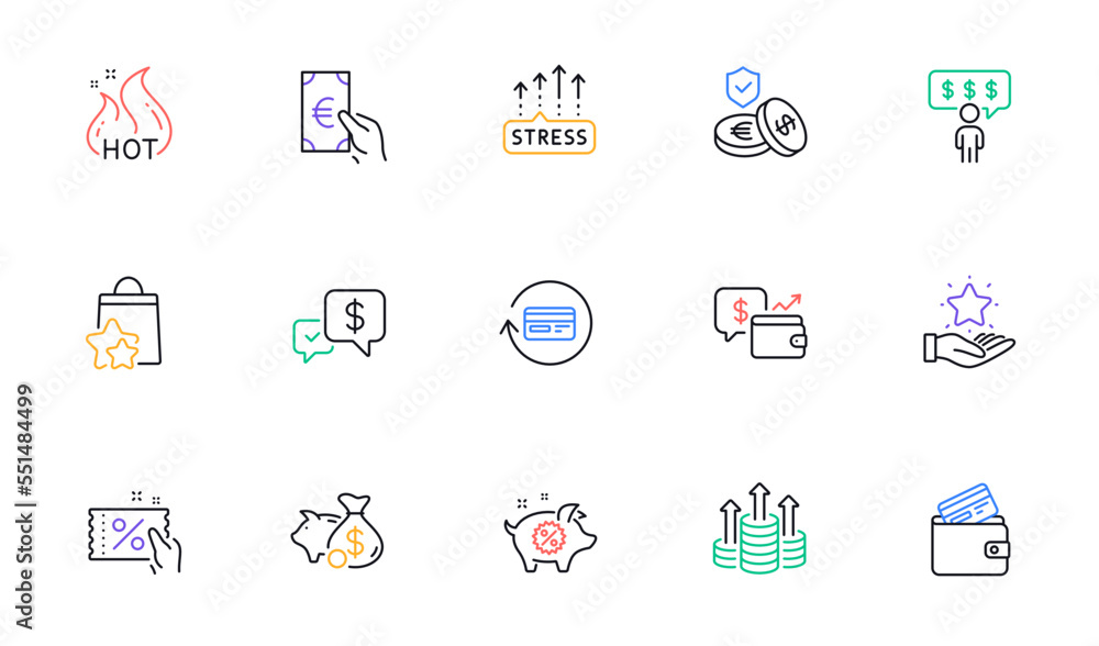 Piggy sale, Payment received and Loyalty program line icons for website, printing. Collection of Loyalty points, Budget, Stress grows icons. Employee benefits, Wallet, Debit card web elements. Vector
