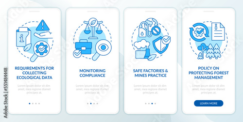 Environmental law regulation blue onboarding mobile app screen. Walkthrough 4 steps editable graphic instructions with linear concepts. UI, UX, GUI template. Myriad Pro-Bold, Regular fonts used