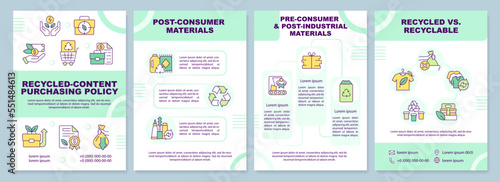 Recycled-content purchasing policy green brochure template. Leaflet design with linear icons. Editable 4 vector layouts for presentation, annual reports. Arial-Black, Myriad Pro-Regular fonts used