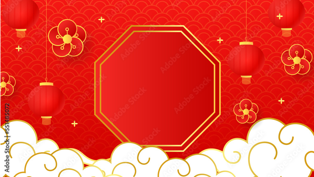 Chinese New Year decorations with red background with assorted festival decorations. Panoramic/banner format. Chinese characters means abundant of wealth, prosperity and luck.