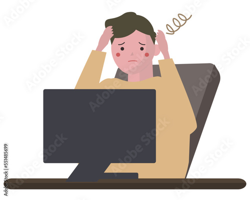 パソコンの前で困った表情をする男性。困惑、悩む、わからない。ベクターイラスト